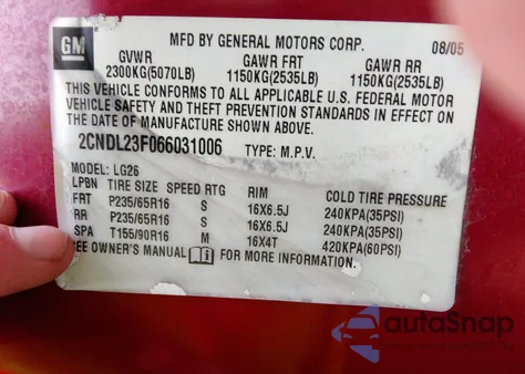 2006 Chevrolet Equinox Ls из США, поврежденный, VIN 2CNDL23F066031006